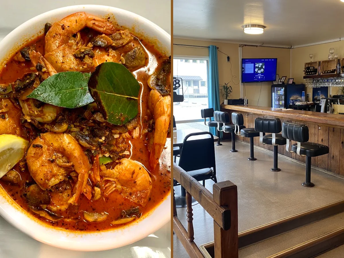 Harbor-side seafood restaurant with outdoor seating.